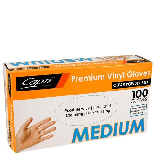 CAPRI CLEAR VINYL GLOVE MEDIUM PFREE 100's