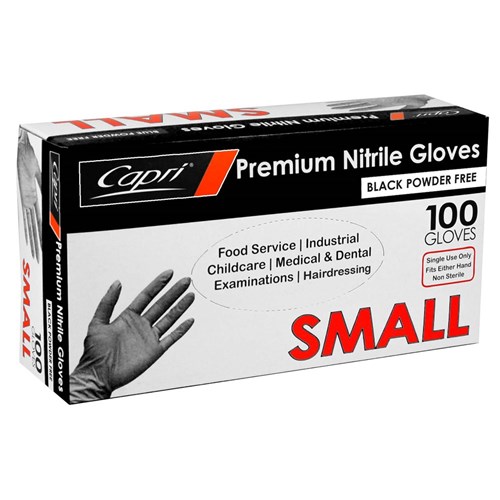 CAPRI BLACK NITRILE P/FREE GLOVE SML 100's