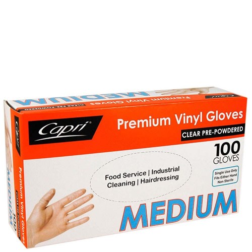 CAPRI CLEAR VINYL GLOVE MED PDR 100's
